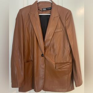 Zara Cognac Faux Leather Single Button Blazer